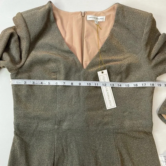 DRESS THE POPULATION Gold/Teal Riley Plunge Neck Mini Dress Size 1X Holiday - Picture 7 of 11